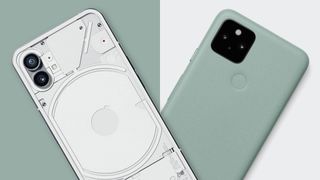 The Nothing Phone (1) in white, angled in front of the Google Pixel 5 in Sage Green