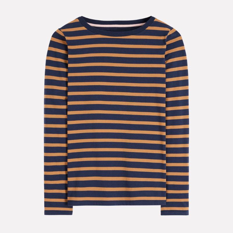 A cut out of a Boden camel and mustard Breton top