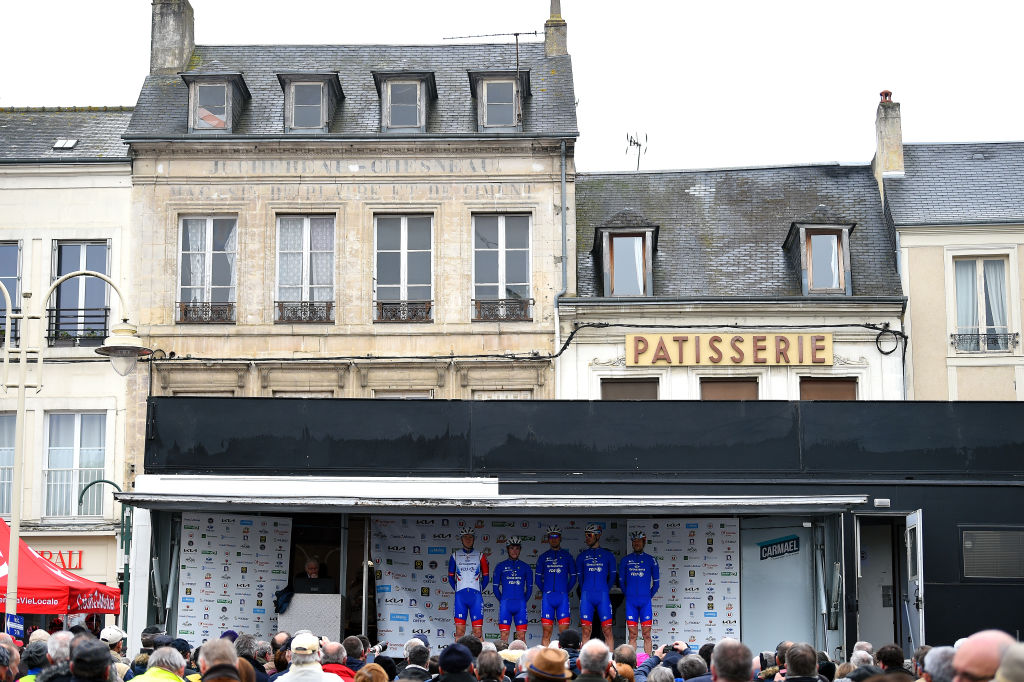 MAMERS FRANCE APRIL 05 Thibaut Pinot of France Jacopo Guarnieri of Italy Rait rm of Estonia Clement Davy of France Bram Welten of Netherlands Paul Penhot of France and Team Groupama FDJ during the team presentation prior to the 68th Circuit Cycliste Sarthe Pays de la Loire 2022 Stage 1 a 1923km stage from Mamers to Mamers CircuitSarthe on April 05 2022 in Mamers France Photo by Dario BelingheriGetty Images