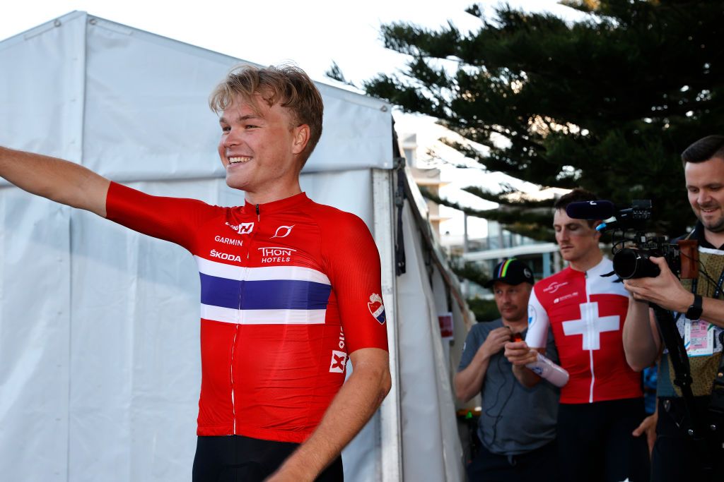 WOLLONGONG AUSTRALIA SEPTEMBER 18 Race winner Tobias S Foss of Norway reacts after the 95th UCI Road World Championships 2022 Men Individual Time Trial a 342km individual time trial race from Wollongong to Wollongong Wollongong2022 on September 18 2022 in Wollongong Australia Photo by Con ChronisGetty Images