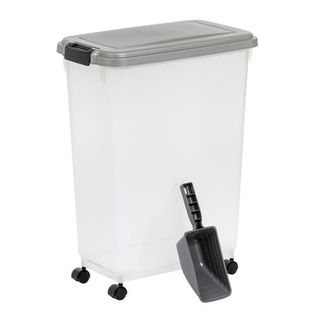 A large airtight food storage container on wheels with a portion scoop