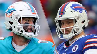 (L to R) Skylar Thompson and Josh Allen will face off in the Dolphins vs Bills live stream