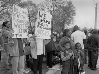 black and white image of protestors