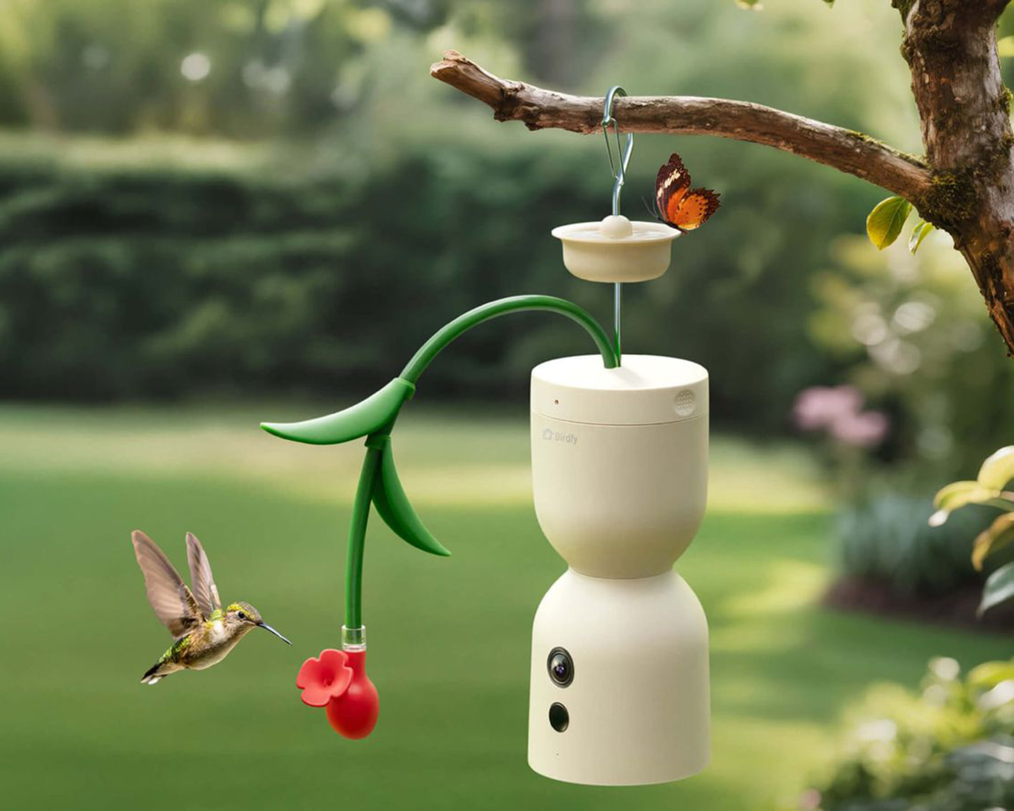 Birdfy Hum Bloom hummingbird feeder with hummingbird and butterfly