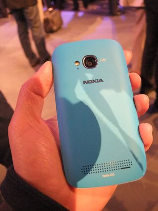 A soft textured blue fascia on the Nokia Lumia 710.