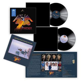 exploding packshot of Asia's vinyl reissue for Phoenix showing four records and album artwork featuring Roger Dean's colourful Phoenix illustration