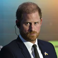 Prince Harry, Duke of Sussex, has red hair and a short beard and wears a suit and tie and attends the Kyiv Security Forum, in Kyiv on April 23, 2026