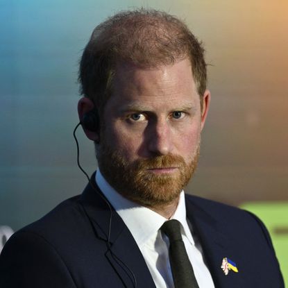 Prince Harry, Duke of Sussex, has red hair and a short beard and wears a suit and tie and attends the Kyiv Security Forum, in Kyiv on April 23, 2026