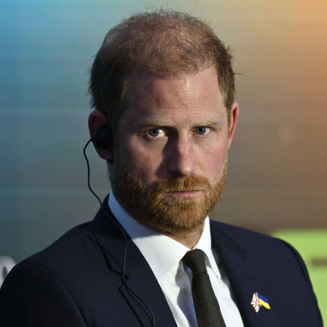 Prince Harry, Duke of Sussex, has red hair and a short beard and wears a suit and tie and attends the Kyiv Security Forum, in Kyiv on April 23, 2026