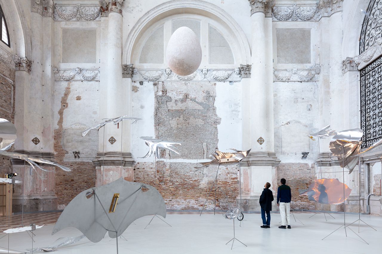 Petrit Halilaj and Álvaro Urbano, “Lunar Ensemble for Uprising Seas”, 2023. Exhibition view of “Thus waves come in pairs”, Ocean Space, Venice