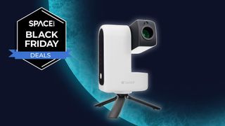 The ZWO Seestar S30 smart telescope on a blue planet background, with a black Space.com Black Friday deals badge in the upper left corner. 