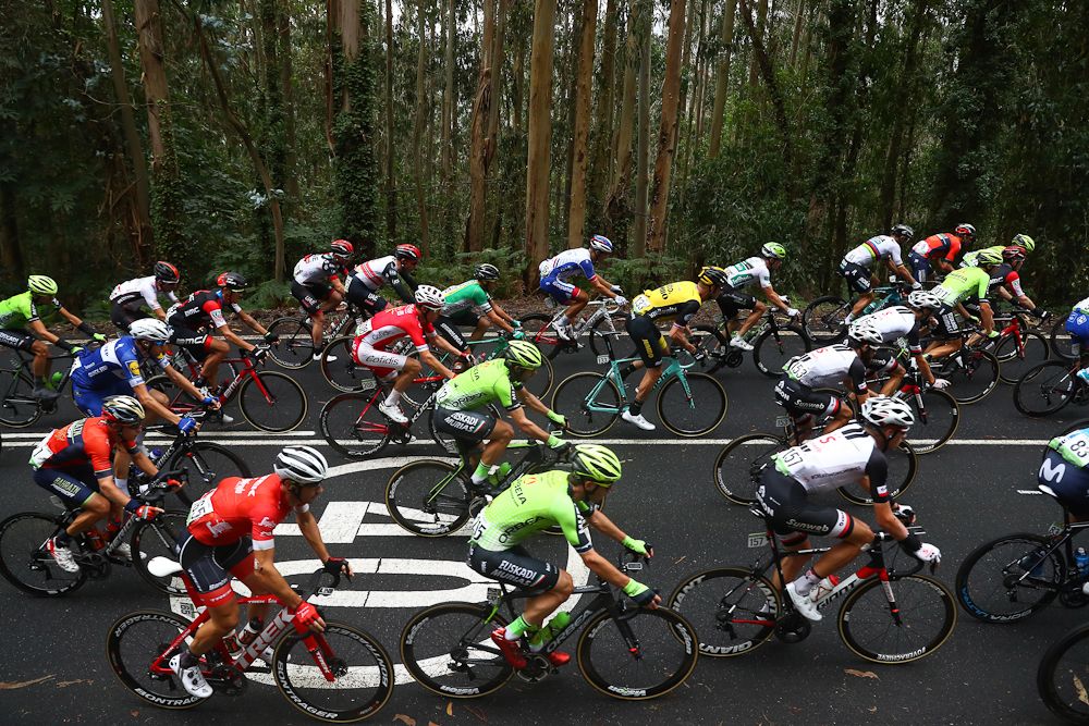 The peloton in action durIng stage 12 at the Vuelta a Espana