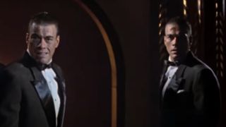 Jean-Claude Van Damme as Alex and Jean-Claude Van Damme as Chad wearing tuxes in Double Impact