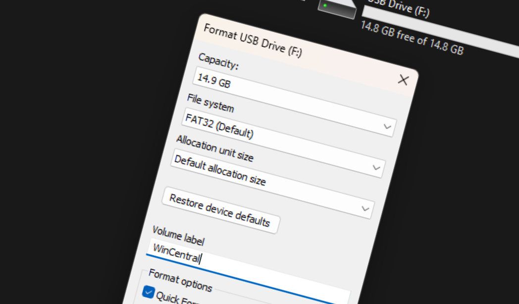 Format drive dialog in Windows 11