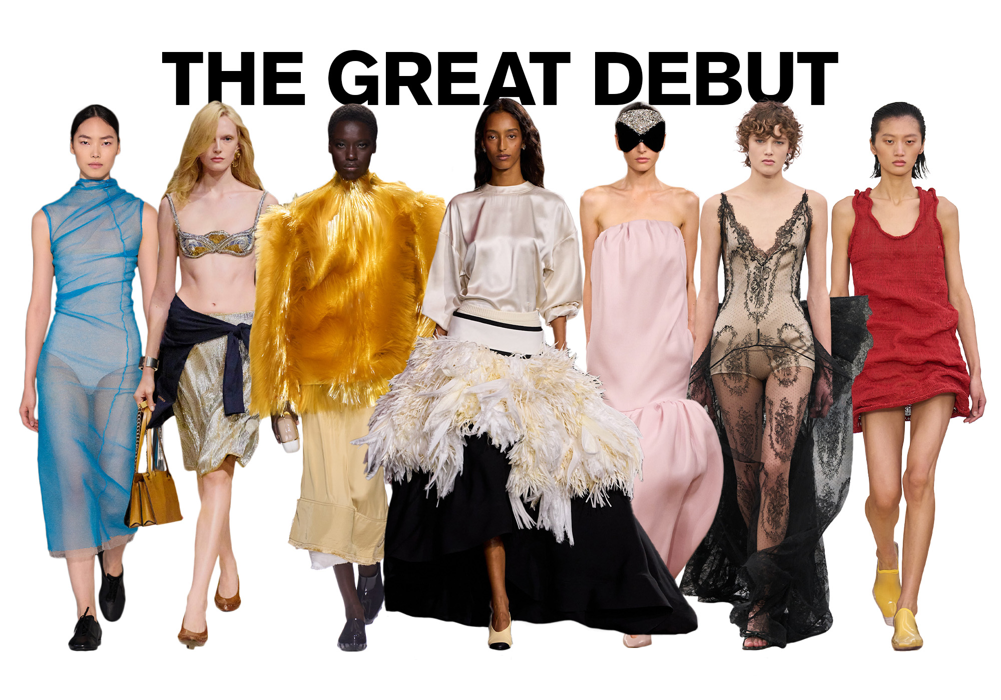 A photo of 7 models from the S/S 26 runway shows wearing pieces from new designers at houses against a white background. On top, the title is, 