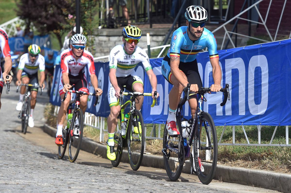 Jay McCarthy (Australia) sits on Tom Boonen's (Belgium) wheel