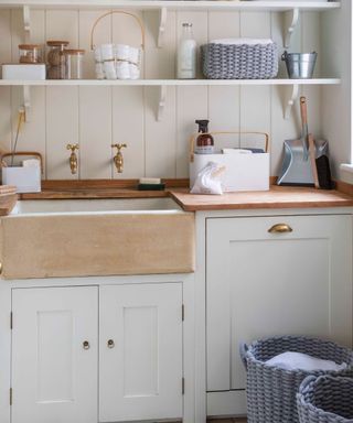 laundry room with storage shelves and cupboards