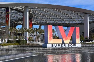 Super Bowl LVI sign outside SoFi Stadium in Los Angeles 