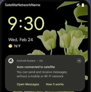 The satellite messaging notification in Android 15.
