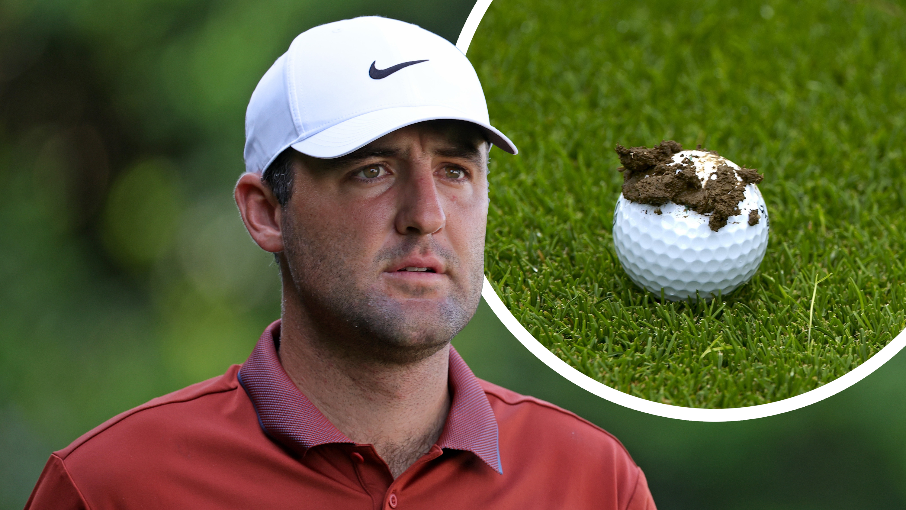 Scottie Scheffler&#039;s head and shoulders, looking pensively into the distance at the PGA Championship, with an inset image of a mass of mud on a golf ball on the fairway