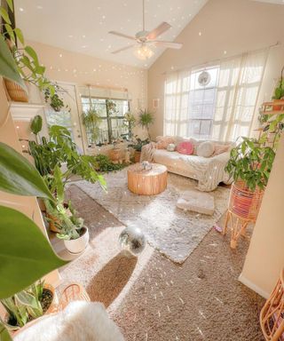 A small living room with a couch, coffee table, and plants