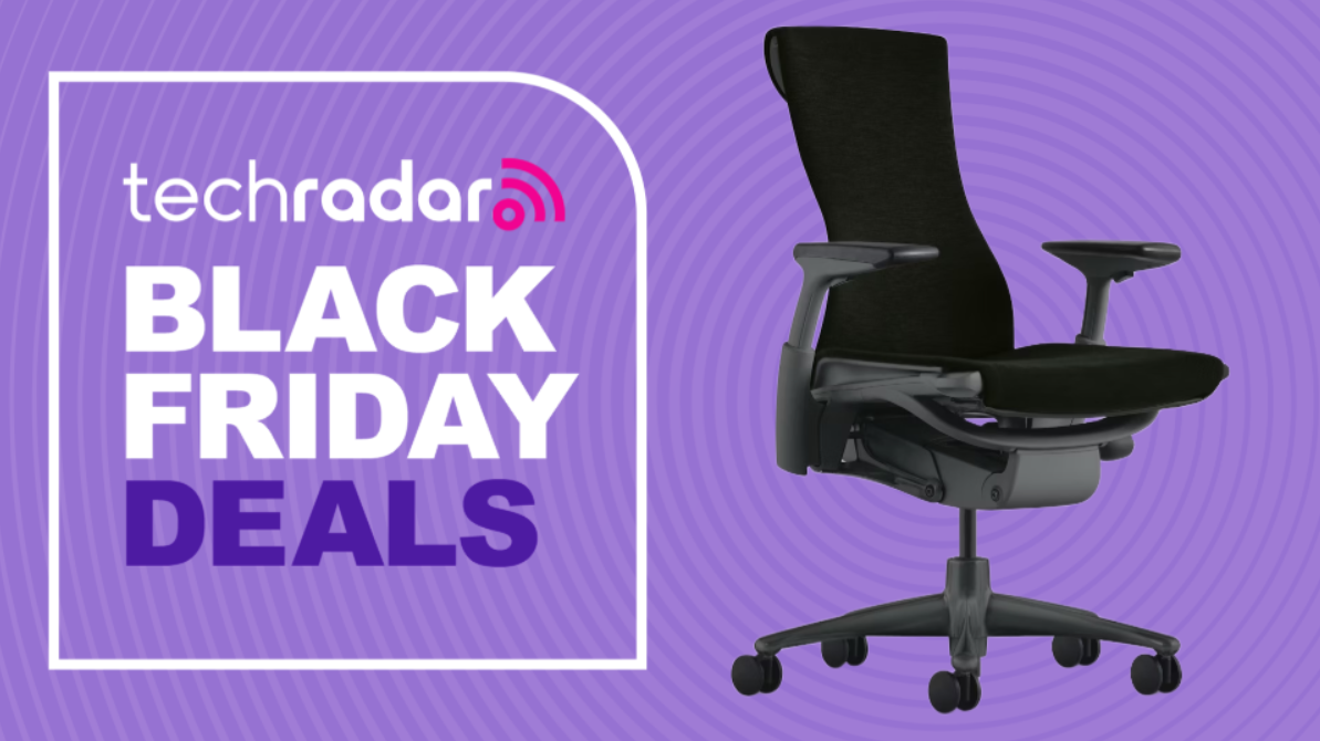 Herman Miller Embody office chair on a purple background next to a TechRadar badge reading &#039;Black Friday deals&#039;