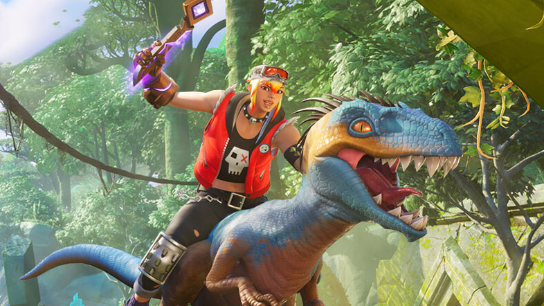 Fortnite Wilds: Character on a raptor.