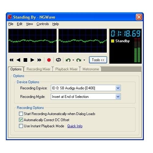 Screenshot image shows NGWave Audio Editor and its recording studio. You can insert this music to the file, or play it simultaneously with your other music files.