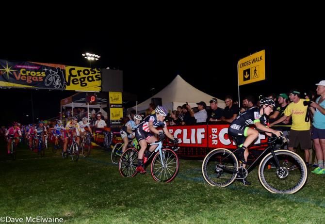 Gabby Durin (Neon Velo Cycling Team) taking the hole shot in the women&rsquo;s race