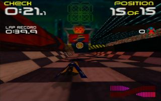 Footage of Wipeout 64 captured through the Eon Super 64. The image left of center is the game without Slick Mode active; the right is with Slick Mode on. The difference is particularly visible in on-screen text.