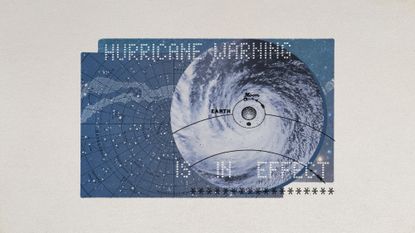 Photo collage of hurricane warnings, a map of the Milky Way, and the night sky