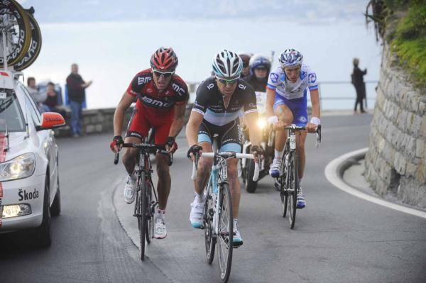 Milan-San Remo: Greg Van Avermaet (BMC), Stuart O'Grady (Leopard Trek) and Yoann Offredo (FDJ) formed a dangerous break on the descent of the Cipressa.
