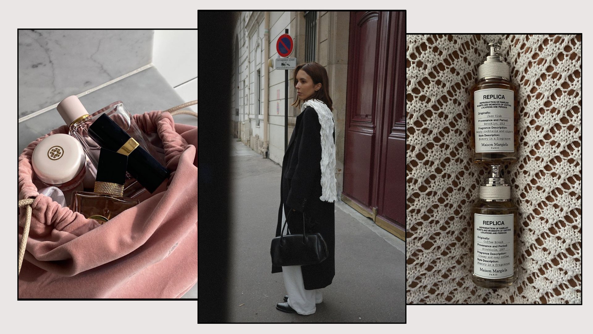 A picture of a stylish woman in Paris and two pictures of popular amber perfumes