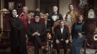 Greg Davies and Alex Horne are flanked by the cast of Taskmaster season 17 in an Edwardian themed promo image