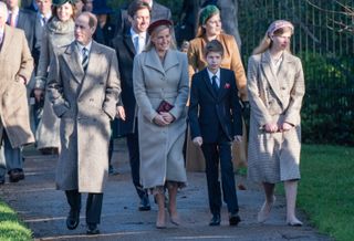 Prince Edward, Earl of Wessex and Sophie, Countess of Wessex with James Viscount Severn and Lady Louise Windsor attend the Christmas Day Church service