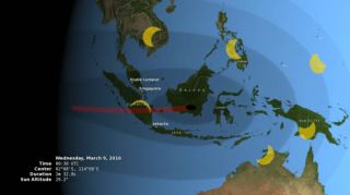 This NASA graphic shows how much of the sun will be covered by the moon for parts of southeast Asia on March 9, 2016 during a total solar eclipse. Shown here is a total solar eclipse for southern Borneo at 0030 GMT, while nearby regions see a partial eclipse.