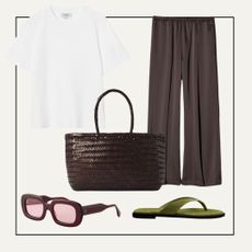 satin trousers, woven bag, flip flops, white tee, sunglasses - shopping editor Marina Avraam shows us how to style Uniqlo's satin trousers