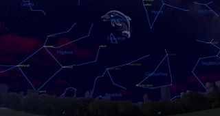 This sky map of the Delphinus constellation shows the location of the cosmic Dolphin in the late August sky, while looking southeast at 9 p.m. local time from mid-northern latitudes.