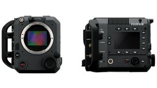 A front on and side picture of the GFX Eterna camera showcasing a side panel screen 