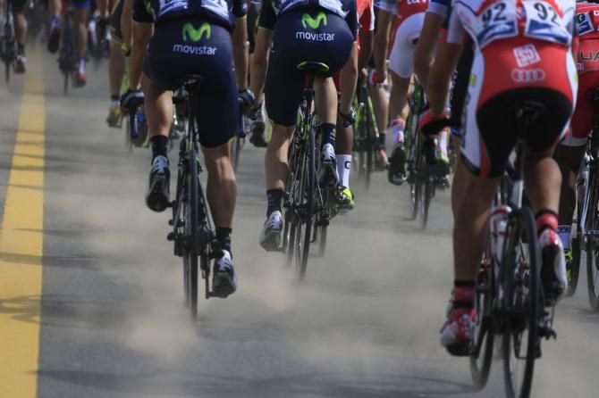The rear end of the peloton on stage 2 of the Dubai Tour