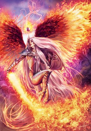 A flaming angelic figure