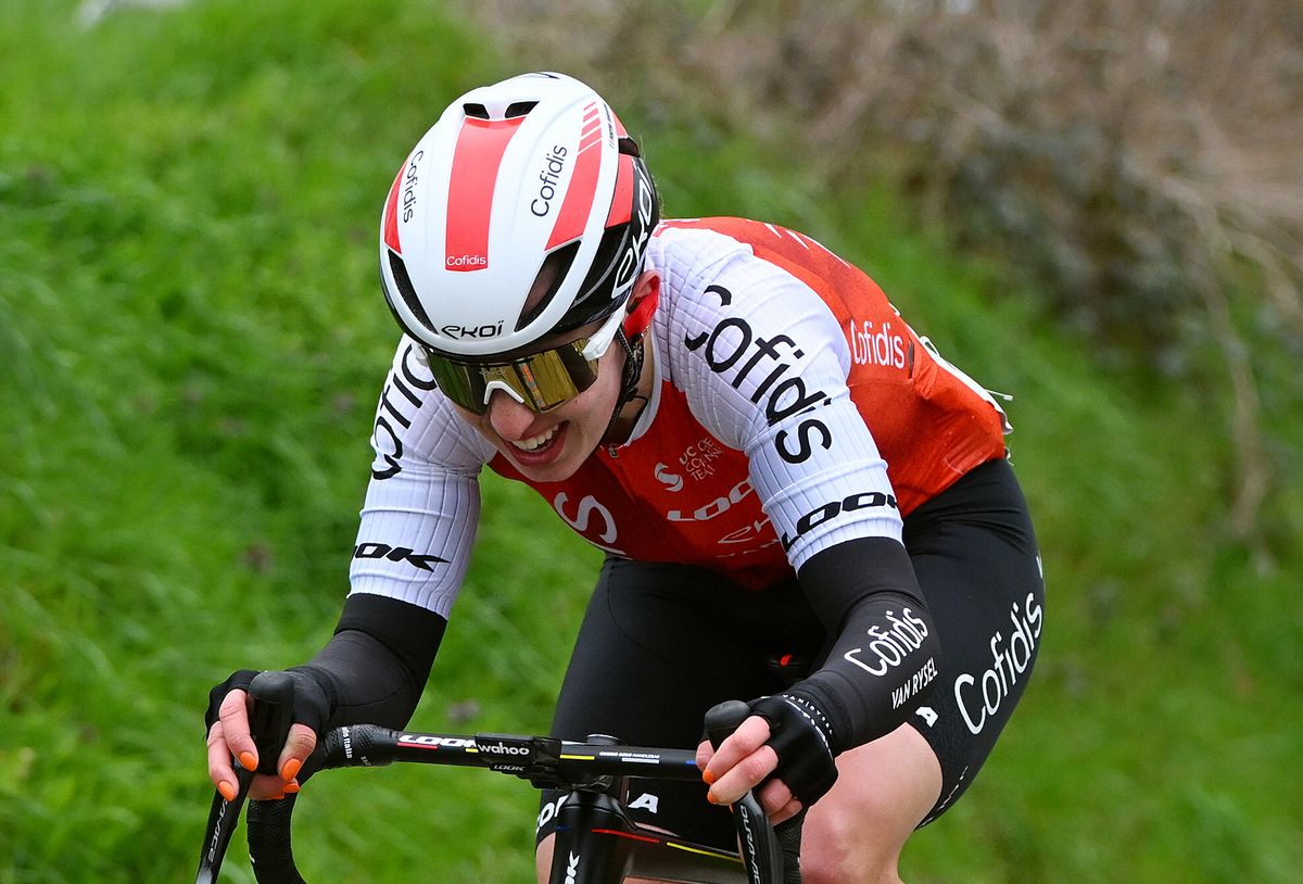 OUDENAARDE, BELGIUM - APRIL 02: Valentine Fortin of France and Cofidis Women Team competes passing through a cobblestones sector during the 20th Ronde van Vlaanderen - Tour des Flandres 2023, Women&#039;s Elite a 156.6km one day race from Oudenaarde to Oudenaarde / #UCIWWT / on April 02, 2023 in Oudenaarde, Belgium. (Photo by Luc Claessen/Getty Images)