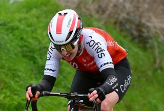 OUDENAARDE, BELGIUM - APRIL 02: Valentine Fortin of France and Cofidis Women Team competes passing through a cobblestones sector during the 20th Ronde van Vlaanderen - Tour des Flandres 2023, Women's Elite a 156.6km one day race from Oudenaarde to Oudenaarde / #UCIWWT / on April 02, 2023 in Oudenaarde, Belgium. (Photo by Luc Claessen/Getty Images)