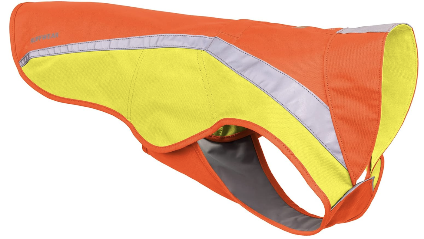 Ruffwear orange and yellow dog jacket with reflective panels