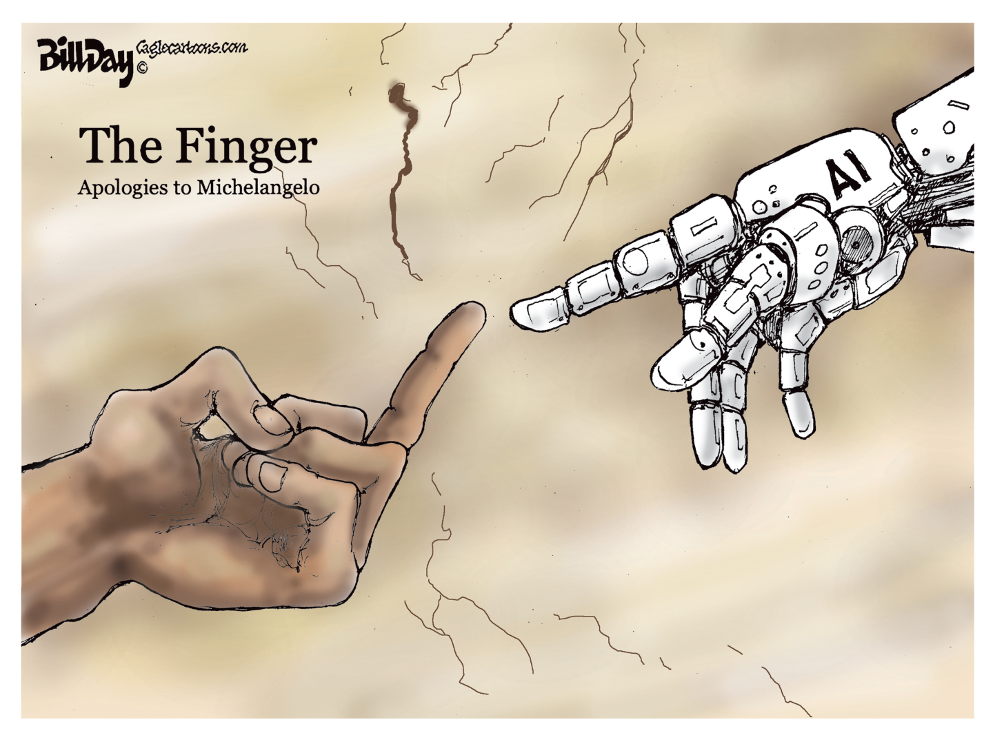 This cartoon is titled &amp;ldquo;The Finger: Apologies to Michelangelo&amp;rdquo; and is a takeoff on the famous &amp;ldquo;The Creation of Adam&amp;rdquo; work where Adam touches God&amp;rsquo;s hand. In this version, a human hand is flipping the bird to a robotic hand labeled &amp;ldquo;AI&amp;rdquo;.