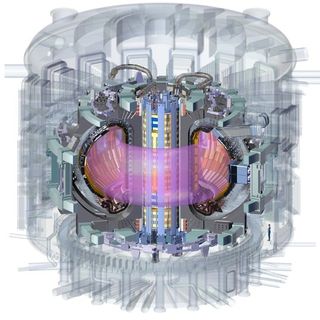 A diagram of the ITER Tokamak reactor with the central solenoid at the center and plasma inside the chamber.