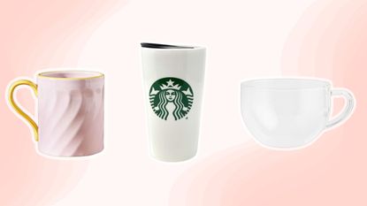 Three coffee mugs on pink background