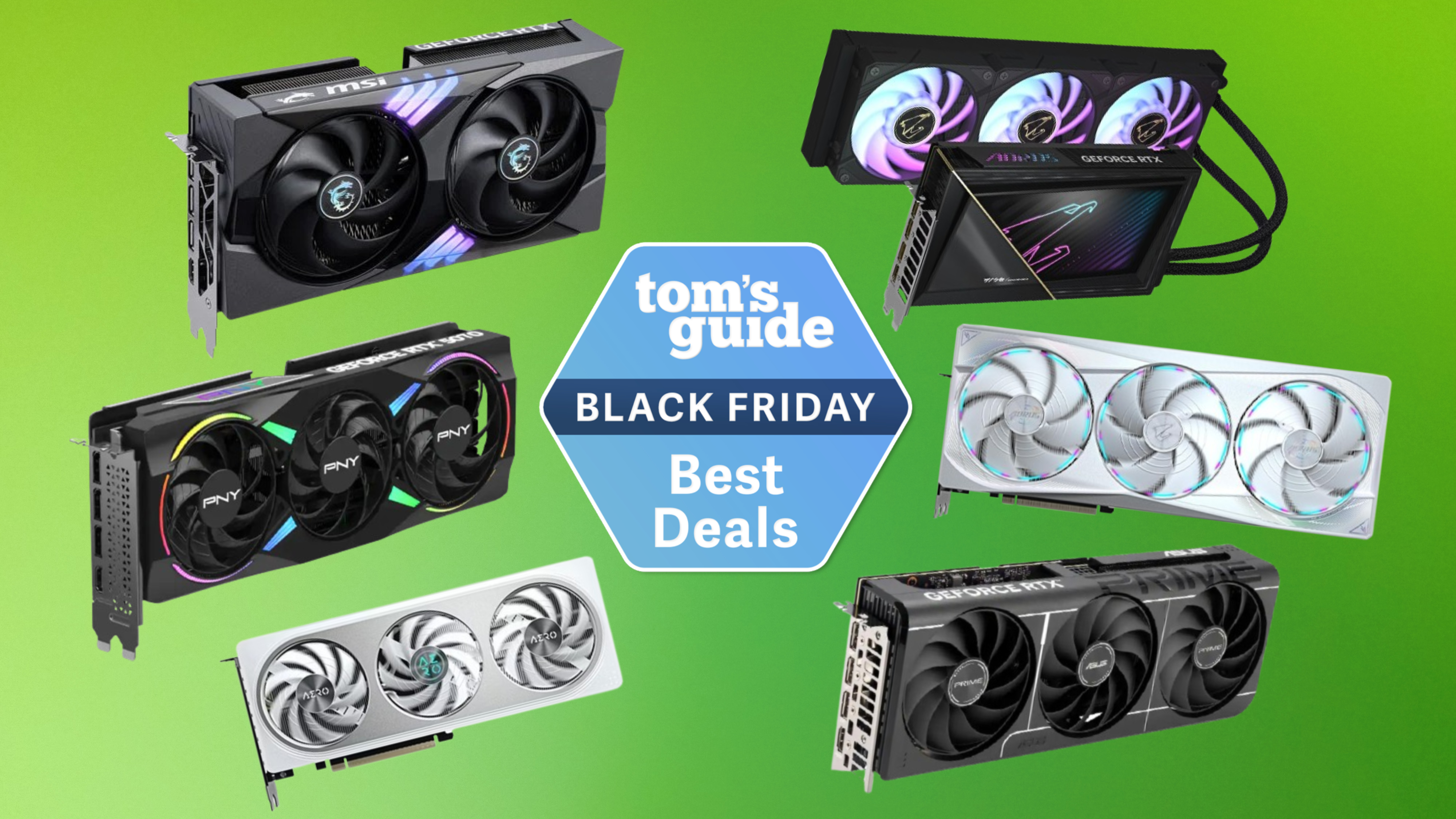 Collage of GPUs on green background with Tom&#039;s Guide Black Friday Best Deals badge