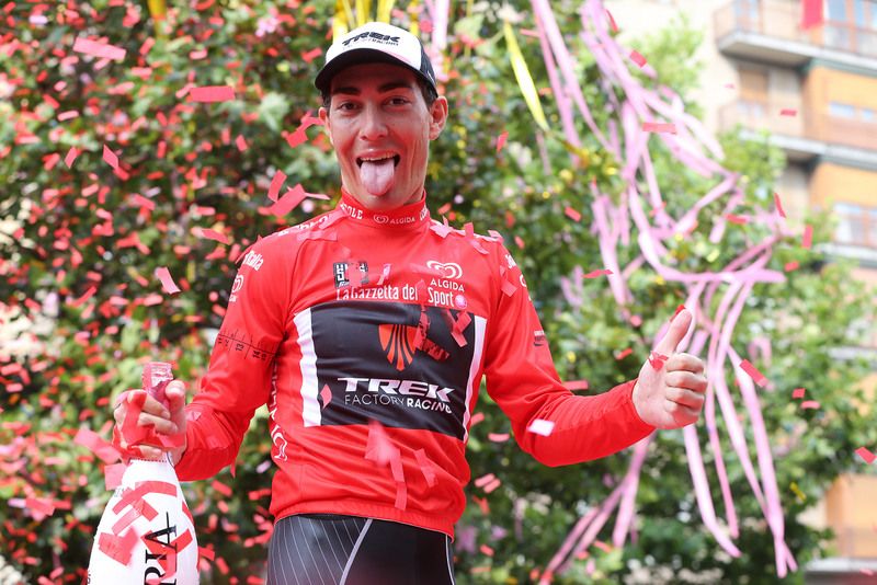 Giacomo Nizzolo (Trek) celebrates his red jersey