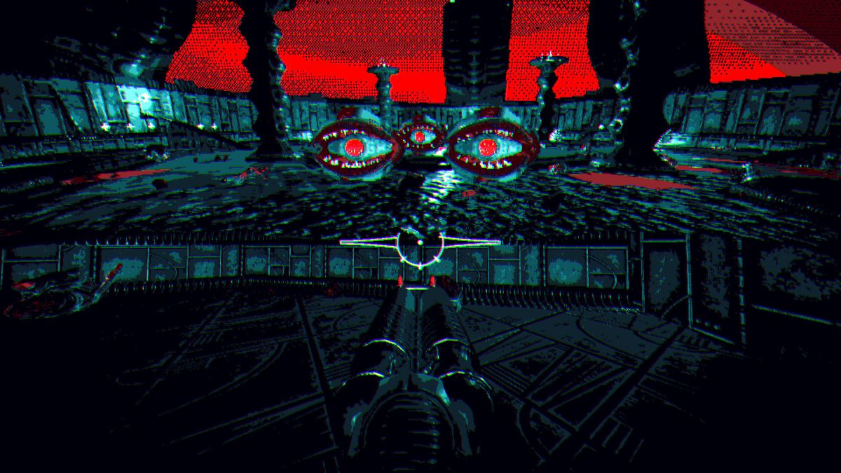 aiming at eye monsters in split front/rear view in hellscreen